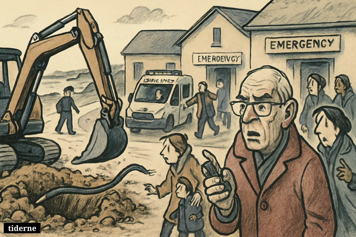 Residents walk to emergency services after a severed cable disables phones on a small island, with excavator, trench, and responders visible.