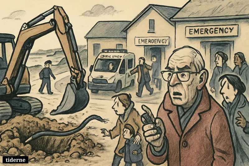 Residents walk to emergency services after a severed cable disables phones on a small island, with excavator, trench, and responders visible.