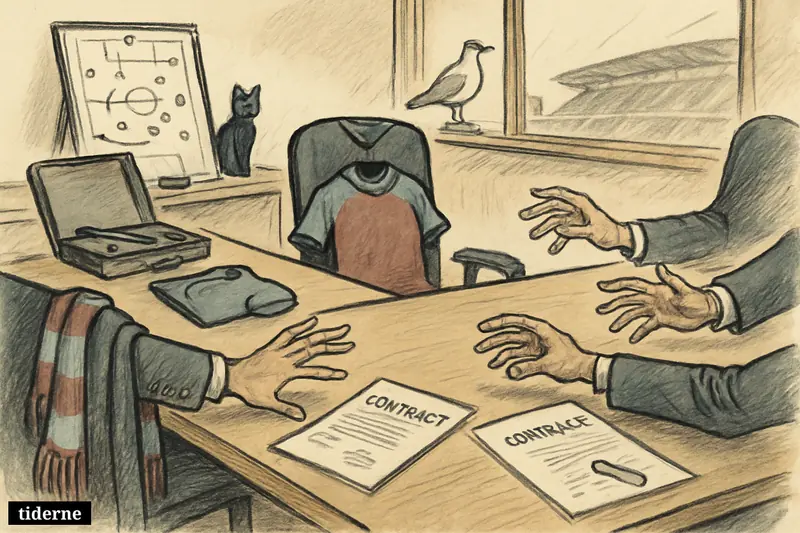 An empty midfielder’s chair at a negotiation table, with rival club symbols and tense contract talks in a football boardroom.