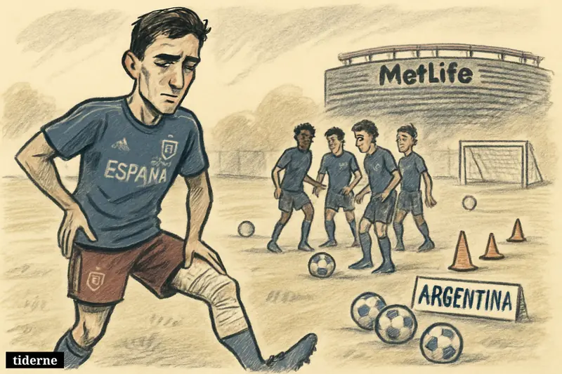 A worried young footballer with a heavily strapped thigh stands apart from Spain teammates during training before a major final. (AI-genereret illustration)
