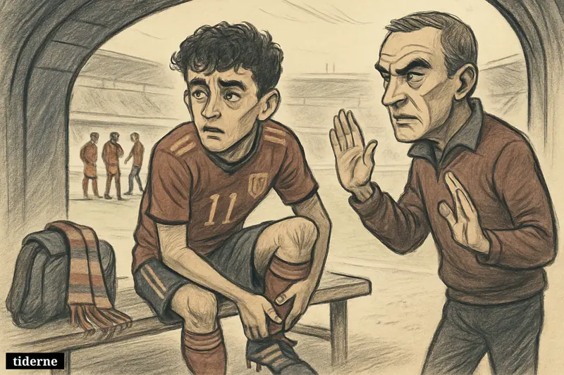 A young Spanish footballer on the bench clutches his thigh while a coach gestures cautiously before a match against Cape Verde.