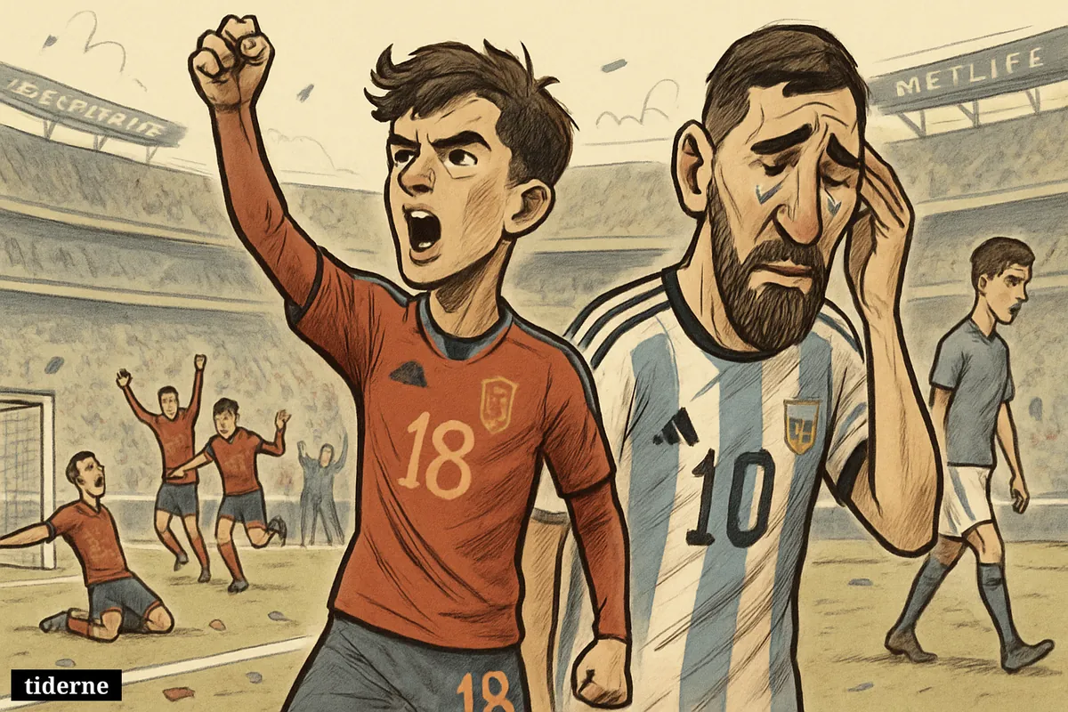 Young Spanish star celebrates at center while a tearful older Argentine legend stands defeated on the pitch after a dramatic final. (AI-genereret illustration)