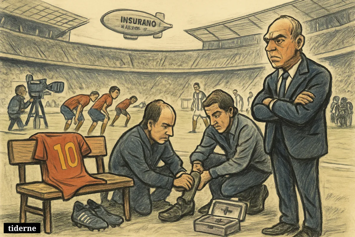 A tense pre-match football stadium scene with an empty Spain star bench, medical staff, warming players, and heavy anticipation before a world final. (AI-genereret illustration)