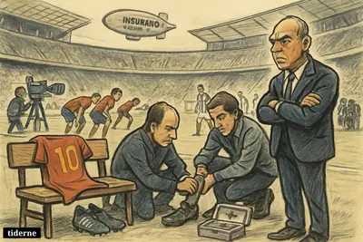 A tense pre-match football stadium scene with an empty Spain star bench, medical staff, warming players, and heavy anticipation before a world final. (AI-genereret illustration)