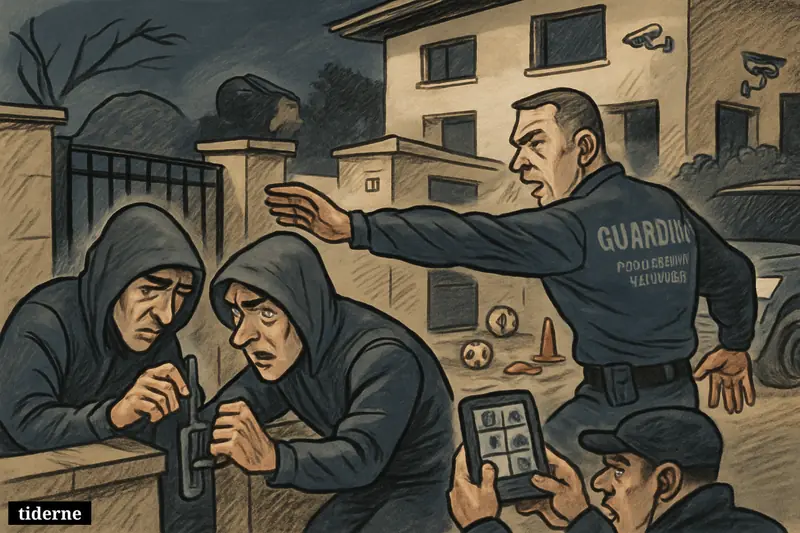 Two hooded intruders flee a guarded villa as private security and approaching police respond outside a football star’s home. (AI-genereret illustration)