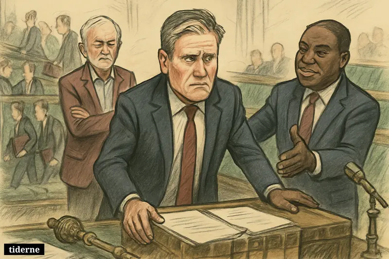 Caricature of Starmer under pressure in Parliament as Lammy steadies him, with Corbyn skeptical, Farage amused, and ministers slipping away.