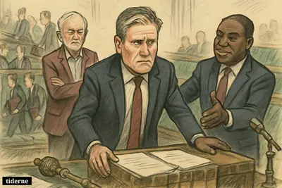 Caricature of Starmer under pressure in Parliament as Lammy steadies him, with Corbyn skeptical, Farage amused, and ministers slipping away.