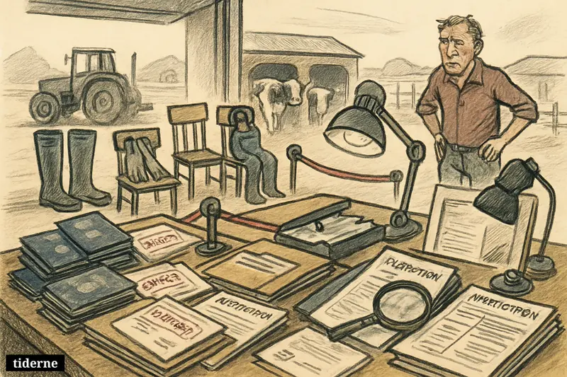 Farm paperwork is blocked in a Danish farm office while empty boots and tools show missing agricultural interns and stalled work.