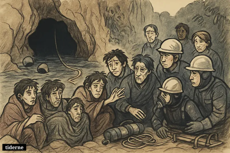 Five rescued villagers sit on wet rocks outside a flooded Laos cave as divers continue searching for two missing people.