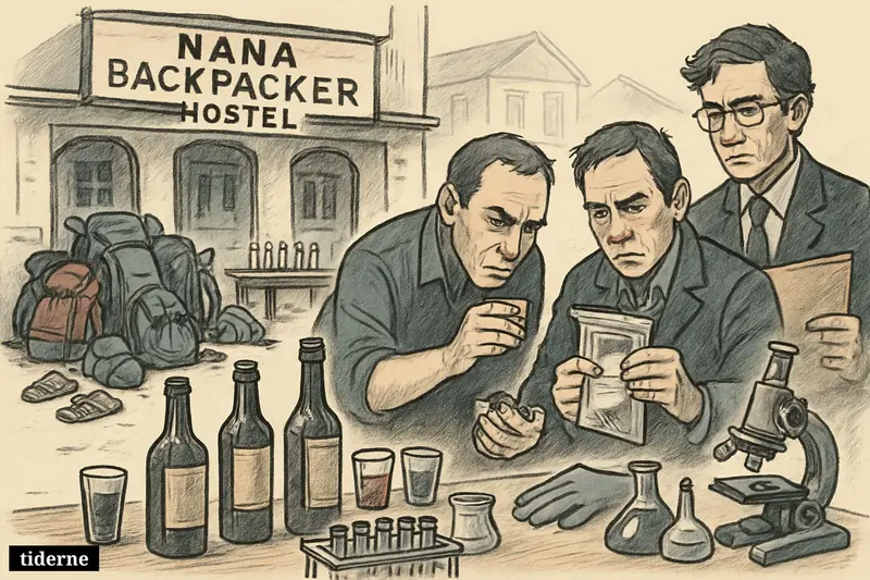 A rundown hostel, suspicious liquor bottles, investigators testing drinks, and abandoned tourist belongings suggest deadly alcohol poisoning in Laos. (AI-genereret illustration)