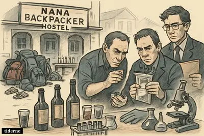 A rundown hostel, suspicious liquor bottles, investigators testing drinks, and abandoned tourist belongings suggest deadly alcohol poisoning in Laos. (AI-genereret illustration)
