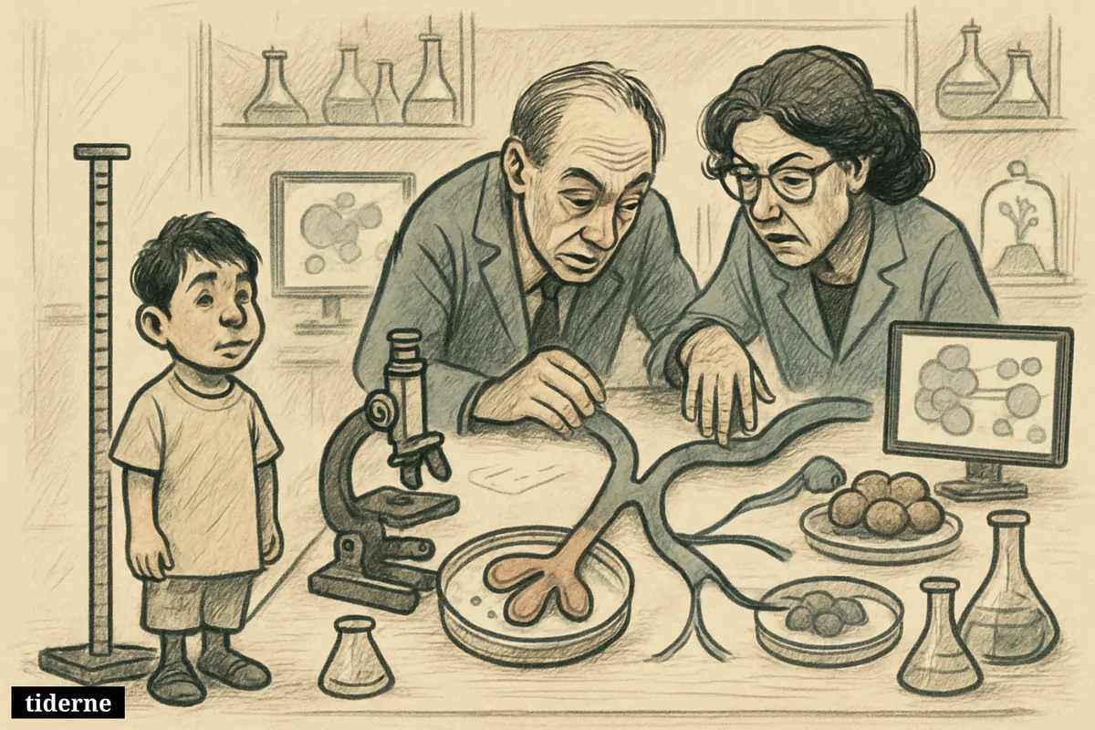 Researchers study signaling pathways beside a short adult patient, as weakened growth signals appear to suppress tumor-like cell clusters in a lab. (AI-genereret illustration)