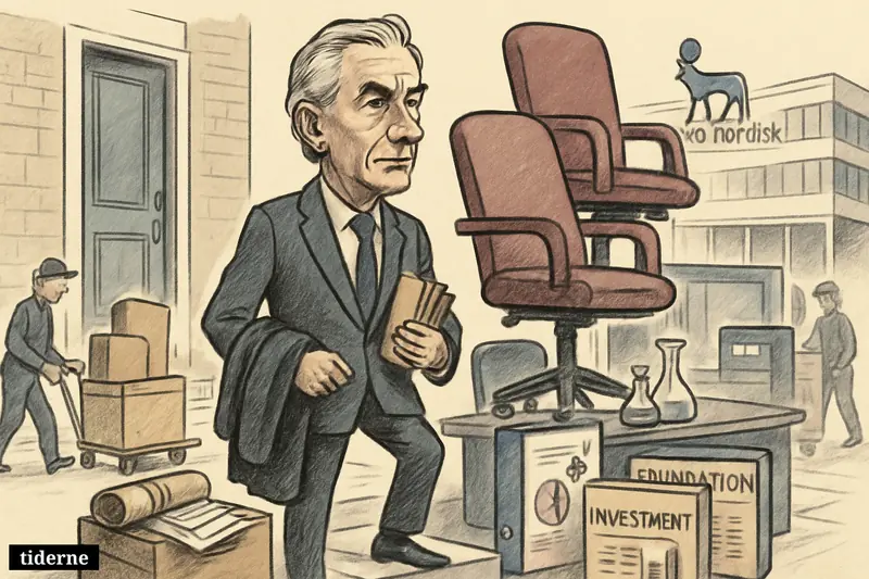 A caricature business leader stands between moving boxes and a corporate setting, suggesting a return home while taking on major Novo roles.