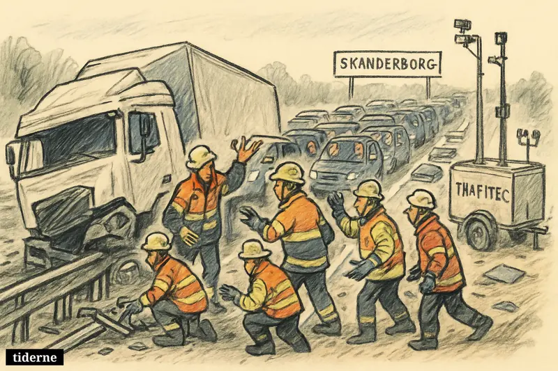 A crashed truck has broken through a motorway guardrail while rescue crews work and a huge traffic jam builds behind it.