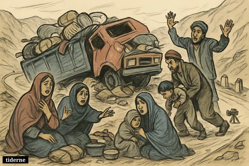 An overturned overloaded truck on a mountain road, with injured Afghan families, scattered belongings, and survivors helping women and children.