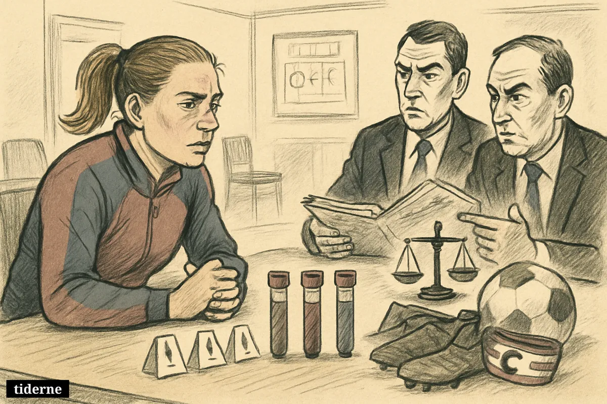 A worried female footballer faces investigators at a disciplinary table with test tubes, warning cards, sports gear, and legal symbols.