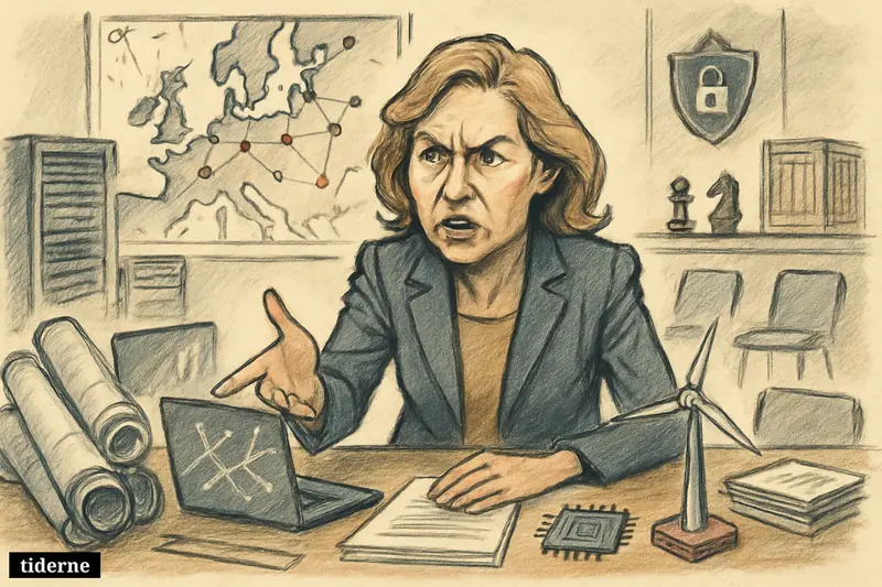Caricature of Laura Klitgaard at a strategy table with engineering, cybersecurity, energy, and geopolitics symbols in a boardroom.