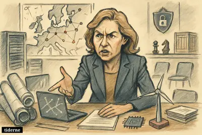 Caricature of Laura Klitgaard at a strategy table with engineering, cybersecurity, energy, and geopolitics symbols in a boardroom.