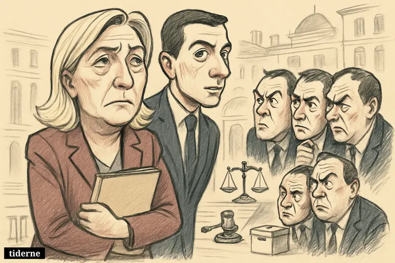 Marine Le Pen and key RN allies wait tensely outside a Paris appeals courthouse, surrounded by legal and election symbols.