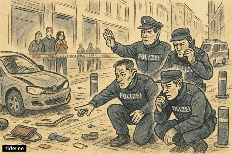 Police secure and investigate a city-center street after a car struck a crowd, with barriers, debris, and shaken pedestrians nearby.