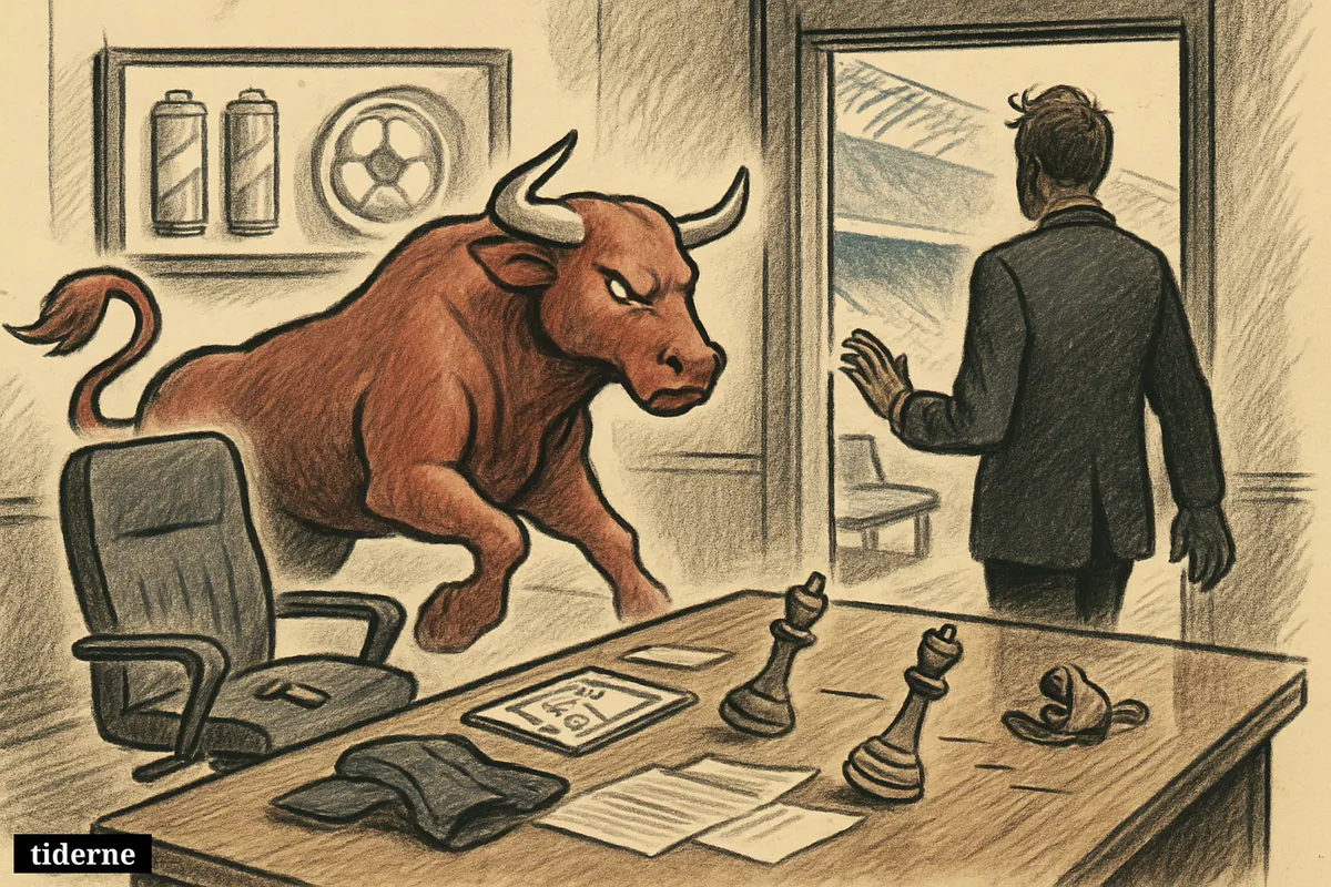 A red bull statue looms in a football office beside an abandoned coach’s seat, while a suited executive hesitates at the exit.