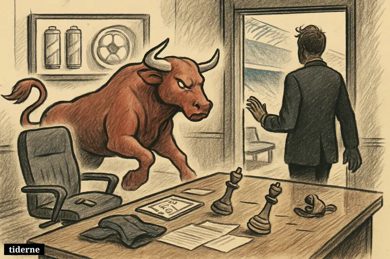 A red bull statue looms in a football office beside an abandoned coach’s seat, while a suited executive hesitates at the exit.
