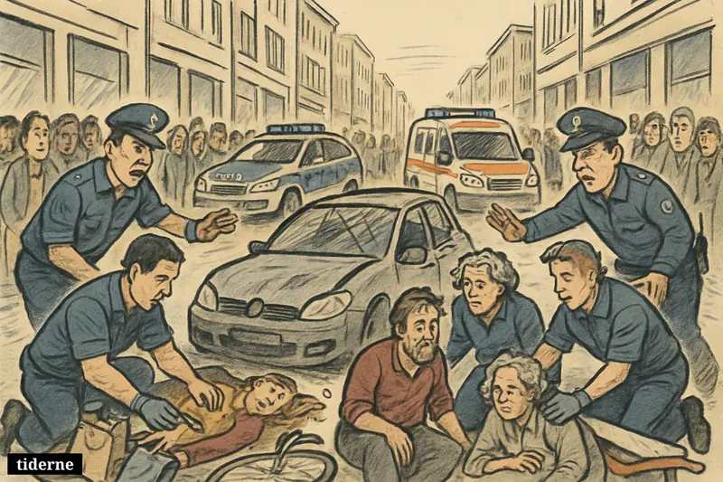A damaged car on a crowded Leipzig shopping street as police and paramedics aid injured pedestrians and control shocked bystanders.