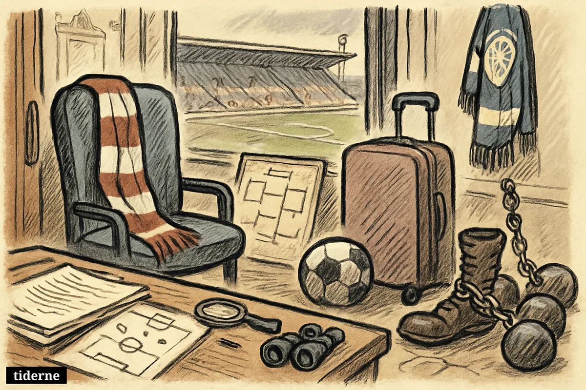 A football office with a suitcase, contract papers, spying props, playoff wreckage, and weighted boots suggests Southampton turmoil and a possible transfer exit.