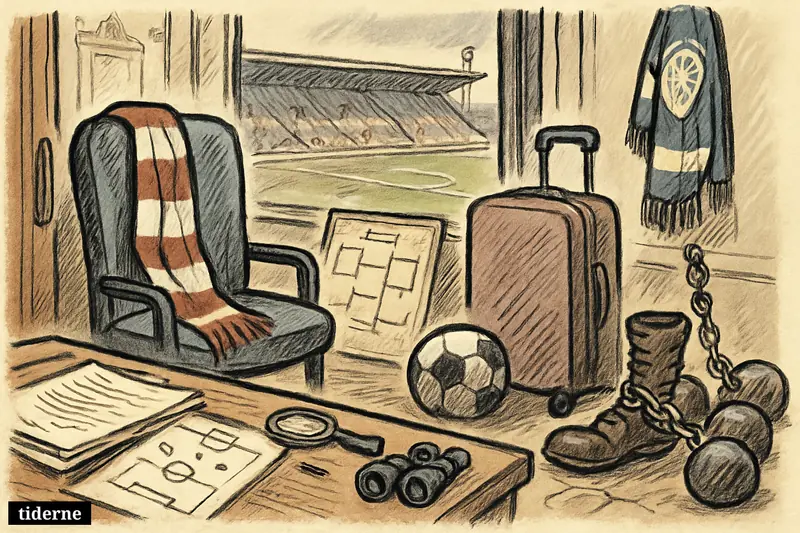 A football office with a suitcase, contract papers, spying props, playoff wreckage, and weighted boots suggests Southampton turmoil and a possible transfer exit.