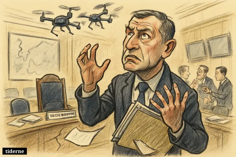 Andris Spruds stands tensely in a government chamber as three drones hover overhead and coalition politicians quarrel around an empty chair.