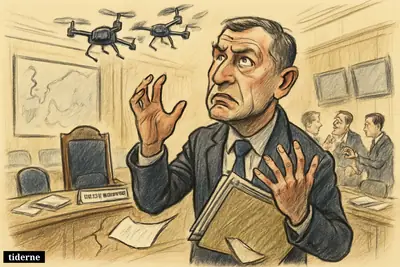 Andris Spruds stands tensely in a government chamber as three drones hover overhead and coalition politicians quarrel around an empty chair.