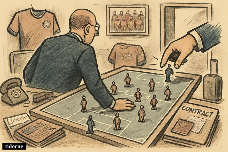 A football transfer office scene shows a midfielder piece pushed off a tactics board toward the door, surrounded by contracts, luggage, and club props.