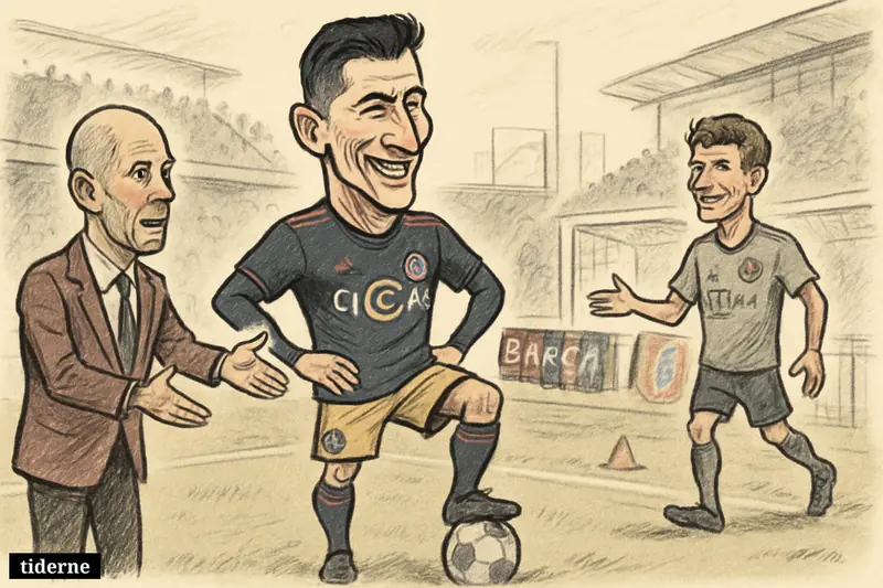 Caricature of Robert Lewandowski unveiled for Chicago Fire with Gregg Berhalter nearby and Thomas Müller approaching on a soccer field.