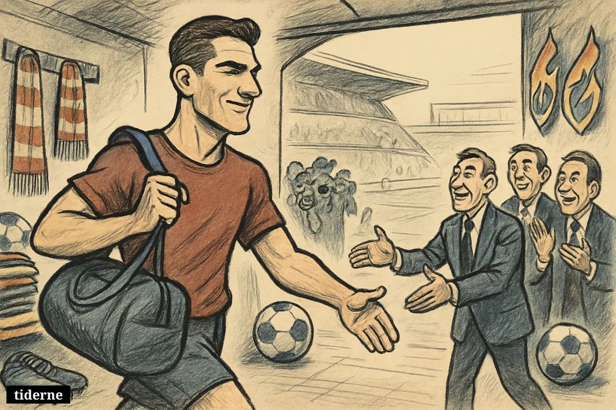 A star striker walks through a stadium tunnel toward welcoming club officials, symbolizing a major football transfer from Europe to America.