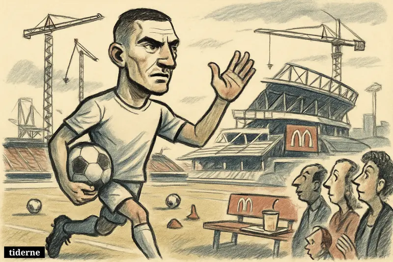 A caricature soccer star arrives at a stadium construction site, greeting fans while McDonald’s-themed concession props and training gear frame the transfer scene.
