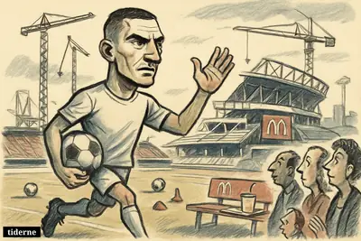 A caricature soccer star arrives at a stadium construction site, greeting fans while McDonald’s-themed concession props and training gear frame the transfer scene.