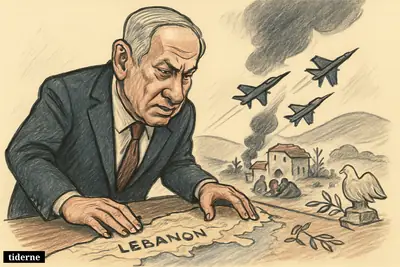 Benjamin Netanyahu looms over a map of Lebanon as miniature jets strike the Bekaa Valley and civilians mourn near damaged homes.