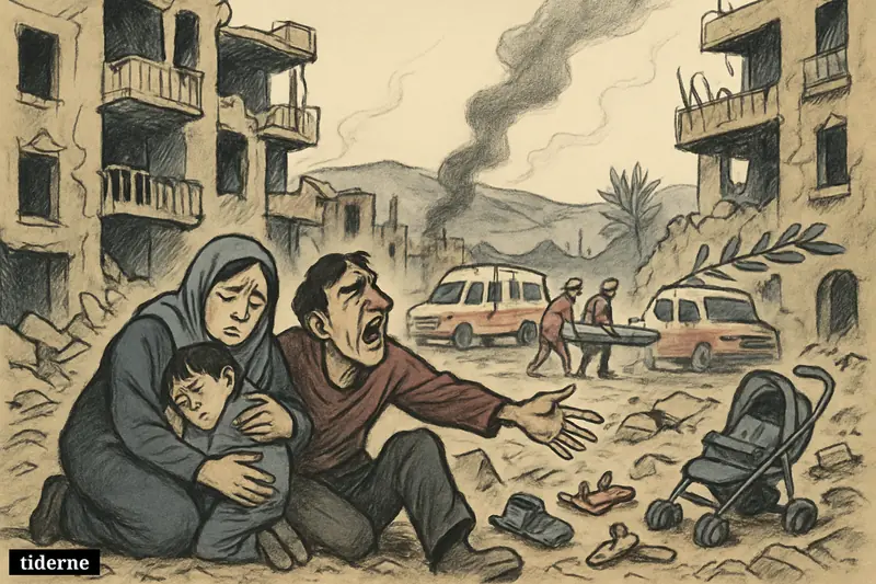 A grieving family and rescue workers stand among rubble and shattered homes on a devastated street in southern Lebanon.