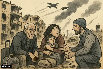 Displaced civilians in a ruined Lebanese border town crouch among rubble as aircraft pass overhead and smoke rises from fresh strikes.