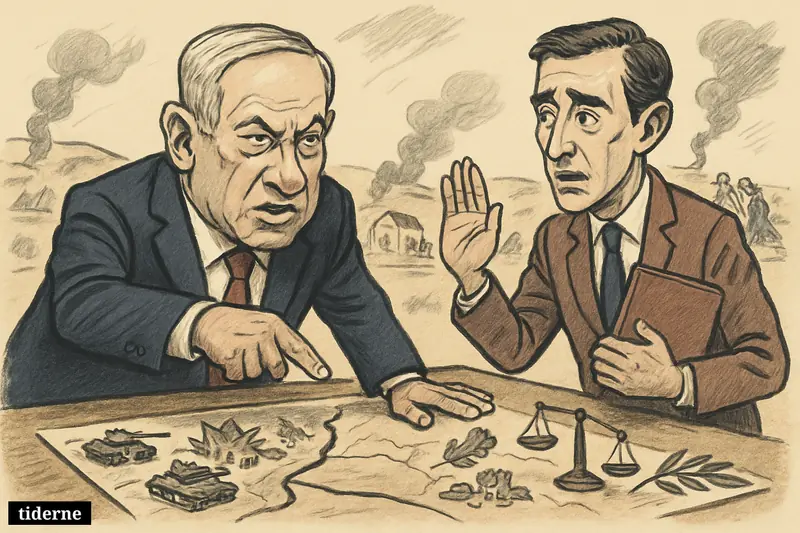 Caricature of Netanyahu at a war table while Jean-Noël Barrot gestures uneasily, with border conflict symbols and devastated Lebanese villages behind them.