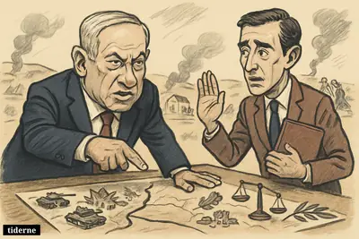 Caricature of Netanyahu at a war table while Jean-Noël Barrot gestures uneasily, with border conflict symbols and devastated Lebanese villages behind them.