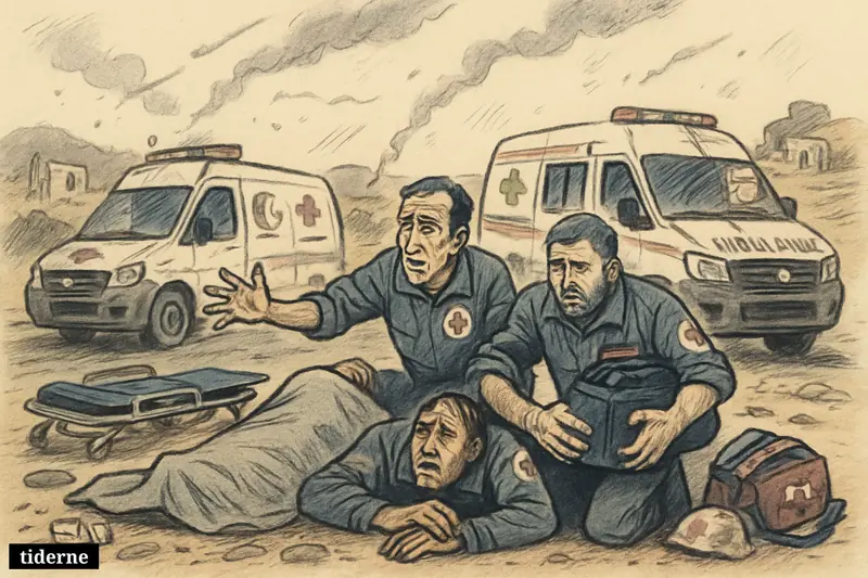 Caricature of devastated ambulances and grieving paramedics in southern Lebanon after airstrikes, with medical gear scattered across a damaged roadside.