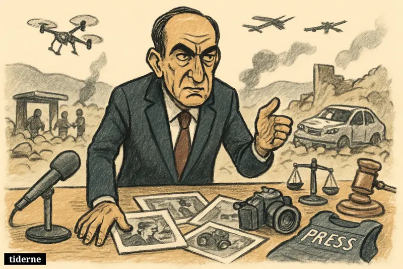Caricature of Nawaf Salam at a briefing table, accusingly gesturing before journalist gear, wreckage, drones, and a damaged vehicle in South Lebanon.