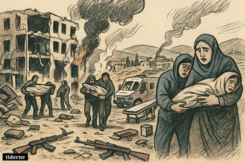 Destroyed Lebanese street with grieving civilians, wrapped bodies, wounded survivors, rubble, smoke, and a damaged ambulance after continued attacks despite a ceasefire.