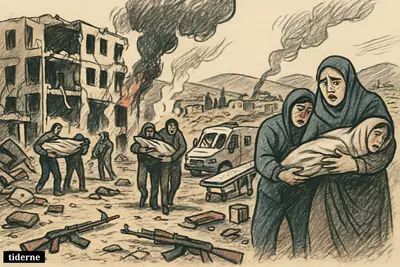 Destroyed Lebanese street with grieving civilians, wrapped bodies, wounded survivors, rubble, smoke, and a damaged ambulance after continued attacks despite a ceasefire.
