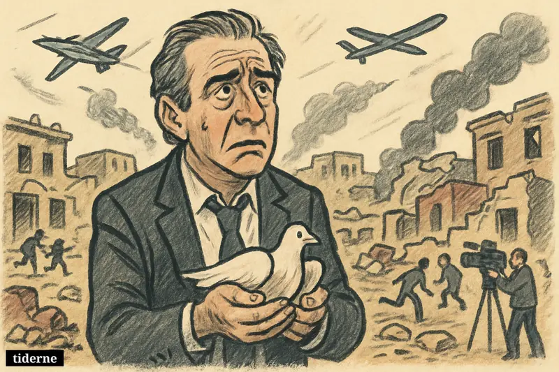 Steve Witkoff stands anxiously amid destruction in southern Lebanon as aircraft, drones, fleeing civilians, and a TV crew surround him.