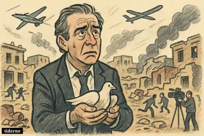 Steve Witkoff stands anxiously amid destruction in southern Lebanon as aircraft, drones, fleeing civilians, and a TV crew surround him.