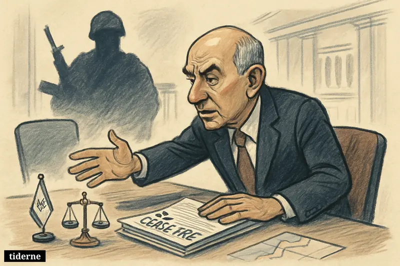 Joseph Aoun sits tensely at a Washington negotiation table while a looming militia presence behind him threatens fragile Israel-Lebanon ceasefire talks.