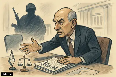 Joseph Aoun sits tensely at a Washington negotiation table while a looming militia presence behind him threatens fragile Israel-Lebanon ceasefire talks.