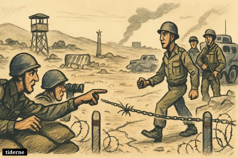 Caricature of Lebanese and Israeli soldiers confronting each other across a fragile border ceasefire line with barbed wire, sandbags, and military outposts.